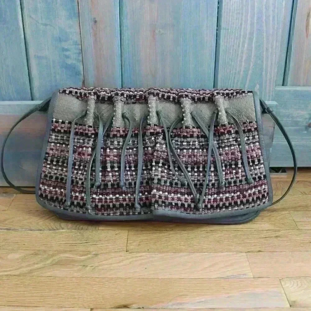 Set of 2 1980s Vintage Bohemian Purses Clutch Patchwork Fringe Fibers Crossbody